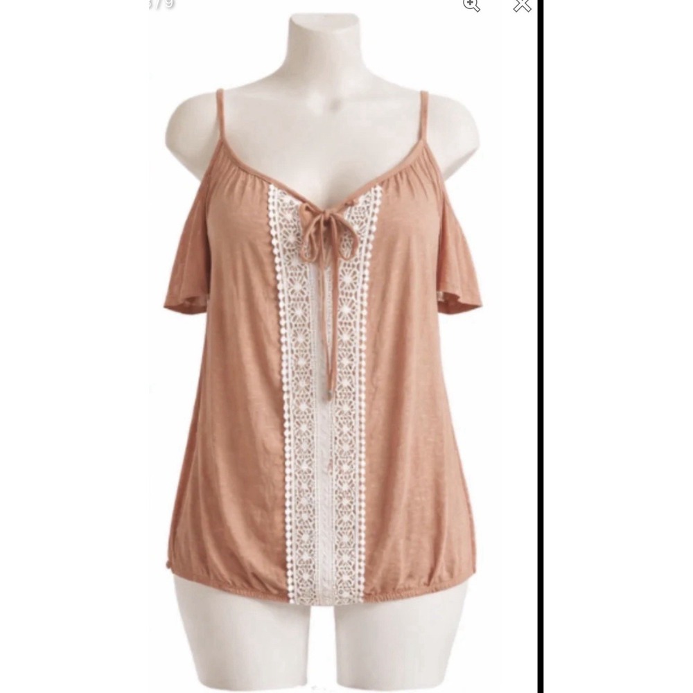 New Sz 18/20 Ashley Stewart Beige & White Open Shoulder Short Sleeve Top #868*8